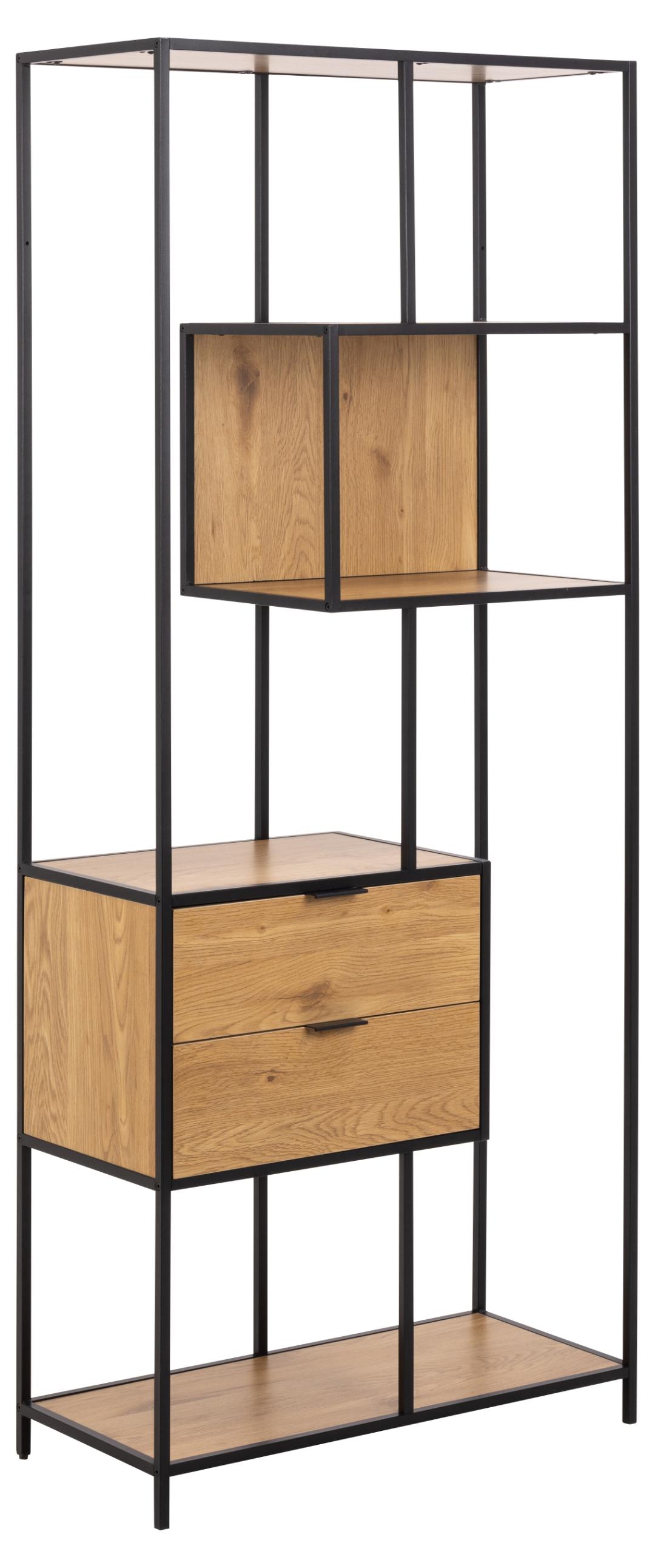 Act Nordic Seaford Reol M 4 Hylder Og 2 Skuffer - Mat Vild Eg Ru Melam Og Sort Ru Stål 77x35x185  5713941377579