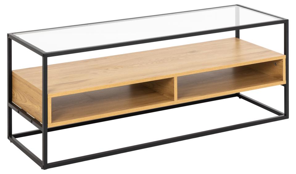Act Nordic Randolf Tv-bord 1 Hylde 2 Rum  - Klar Glas Natur Vild Eg Melamin Sort Stål 120x40  5713941258342