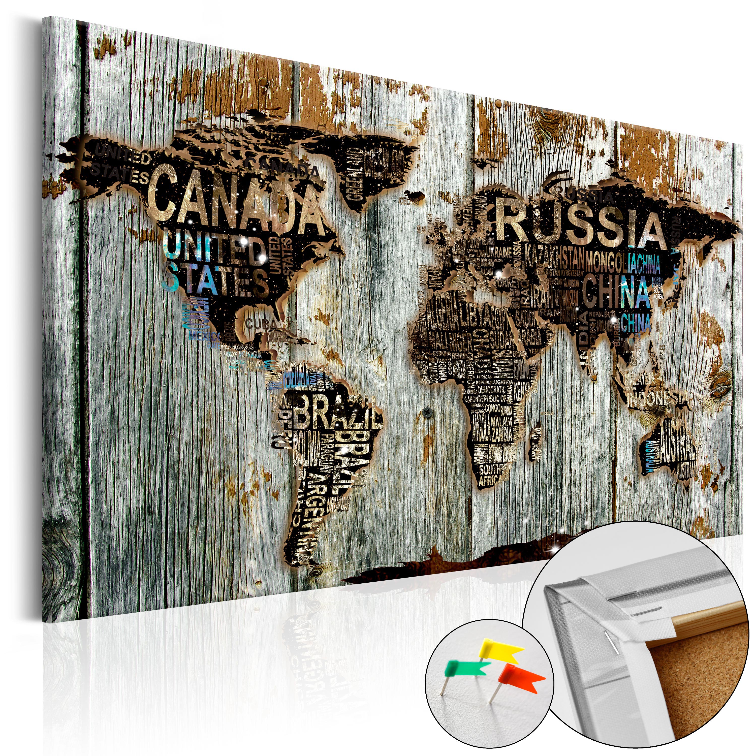 Artgeist Wooden Border - Rustikt Og Rå Verdenskort På Træ Trykt På Kork - Flere Størrelser 120x80  5903143932830